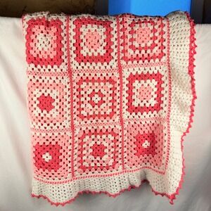 Large Handmade Crocheted Blanket Red Pink White Granny Square 84x130 Cottagecore